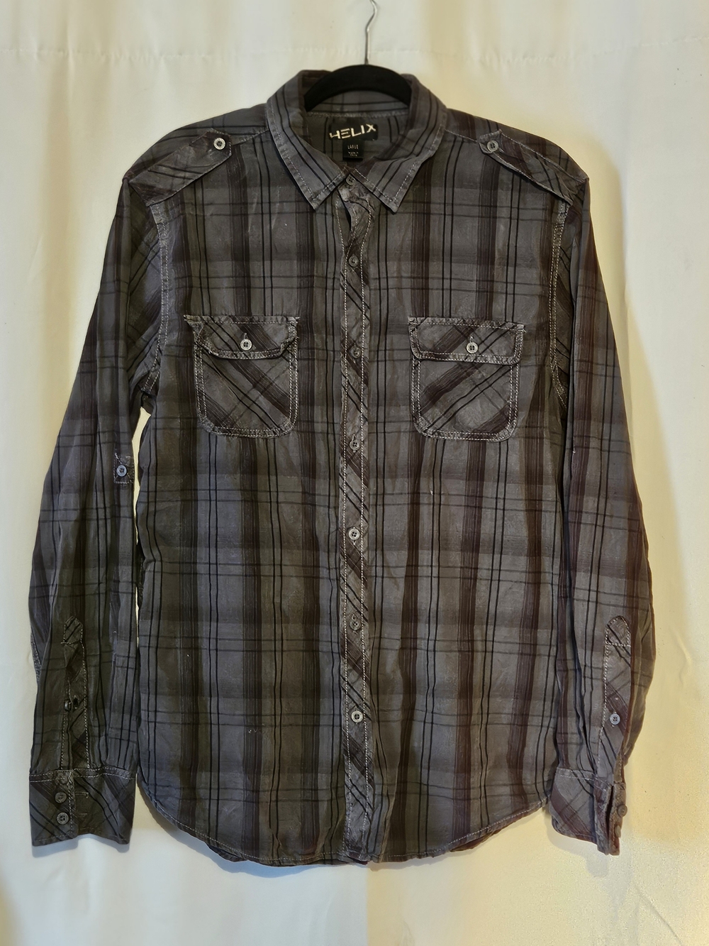 Helix Men's Black and Gray Plaid Button-Down Shirt